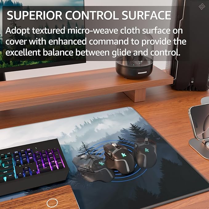 KTRIO Large Gaming Mouse Pad Desk Mat, Superior Micro-Weave Cloth, Non-Slip Rubber Base, Stitched Edges, Water-Resistant, for Gamer, Office & Home, 31.5 x 15.7 Inch，Cloud Forest