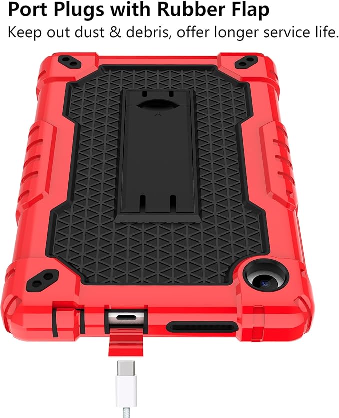 Case for for AT&T Amigo Jr. Tab 8 inch Tablet 9136K - [Built-in Kickstand] Anti Slip Kids Friendly Shockproof Silicone Protective Cover (Red/Black+2 PCS Glass)