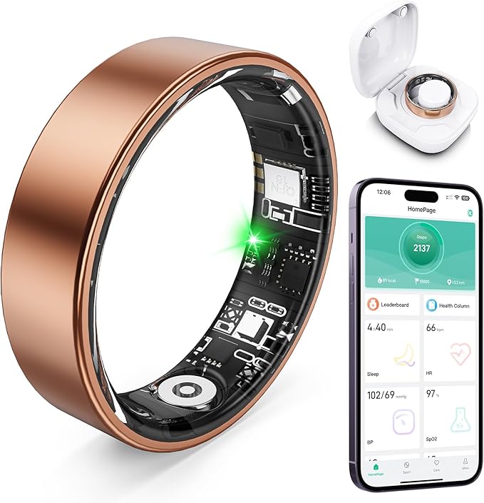 Smart Ring with Sleep Monitoring, Step Counting, Heart Rate, Blood Oxygen for iOS and Android, No Subscription Fee, IP68 Waterproof Health Tracker (Rose Gold, 11)