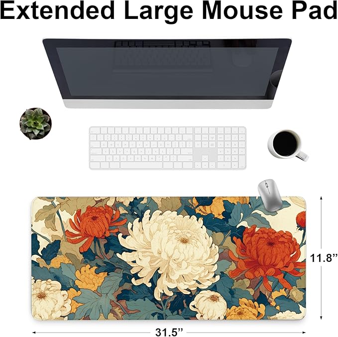Flowers Mouse Pad, Large Mouse Pad for Desk, Extended Desk Mousepad with Non-Slip Rubber Base Stitched Edge Keyboard Mat for Gaming Office, 31.5" x 11.8"