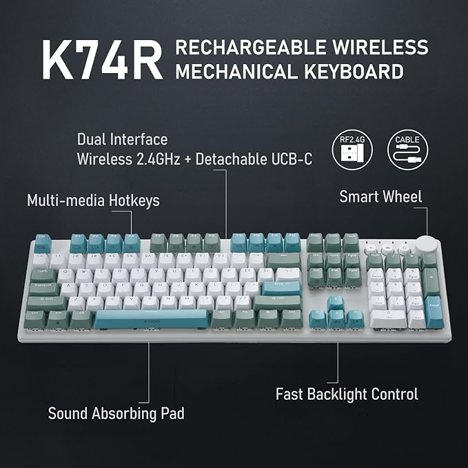 iRocks K74R Wireless RGB Illuminated Mechanical Gaming Keyboard, Hot-Swappable Switches, Easy-to-Clean Floating Design, PBT 107 Keys NKRO, Detachable USB-C Cable - Island Blue (Blue Switches)