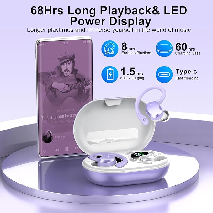 Wireless Earbuds, Bluetooth Earbuds, Bluetooth 5.4 Headphones 68hrs Playtime Sport Earphones with LED Display ENC Noise Cancelling Mic, IPX7 Waterproof Over Ear Ear Buds with Hook for Gym/Workout