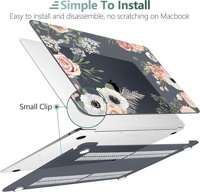 TWOLSKOO for MacBook Air 13.3 inch Case 2021 2020 2019 2018 Release M1 A2337 A2179 A1932 with Touch ID, Plastic Hard Shell Case & Keyboard Cover & Type C Adapter, Rose Flower