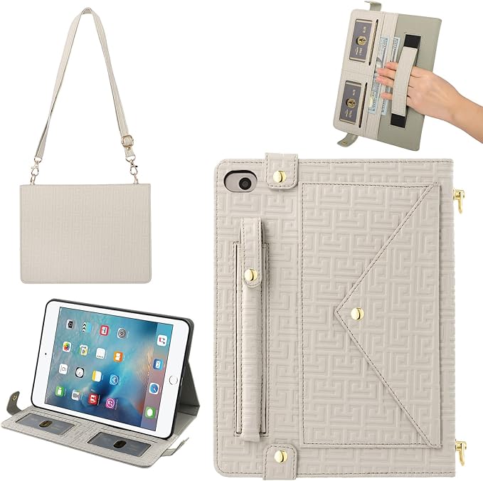 Handbag Case for iPad mini 5th 4th 3rd 2nd 1st Generation (Prior to 2019), Techcircle Elegant Crossbody Folio Stand Wallet Case with Pencil Holder, Card Slots, Hand Strap, Shoulder Strap, Off-White