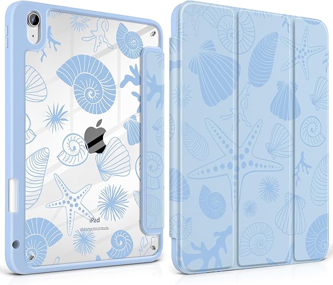Case for iPad Air 13 inch 2026 M4 2025 M3 2024 M2 Release Slim Lightweight Shockproof Cute Blue Cover with Clear Back TPU Edge Pencil Holder Trifold Stand Auto Wake Sleep, Starfish and Shells
