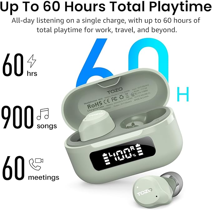 TOZO NC9 Hybrid Active Noise Cancelling Wireless Earbuds, 6 Mics ENC Clear Call, IPX8 Waterproof, in Ear Bluetooth 5.3 Headphones Stereo Bass Ear Buds 60H Playtime with LED Display 32 EQs via APP