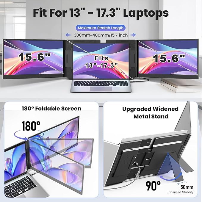 One Cable Laptop Screen Extender, 15.6” Ultra-Slim Triple Portable Monitor, 1080P FHD IPS Display, USB-C/USB-A Connection, Travel Monitor for 13–17.3" Laptops, MacOS/Windows/Android