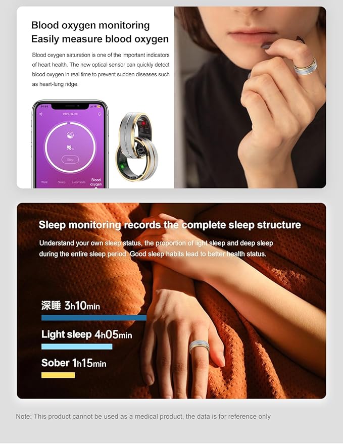 Smart Ring for Men Fitness Tracker Health Ring for Women, Heart Rate & Blood Oxygen Monitor & Sleep Monitoring, Remote Selfie Control Ring, Waterproof Smart Rings (Size 10)