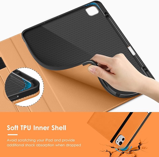VIKESI Case for iPad Pro 13 (M4) 2024, Leather Stand Cover with Apple Pencil Holder, Auto Wake/Sleep, Multiple Viewing Angles, Built in Hand Strap & Pocket, Orange