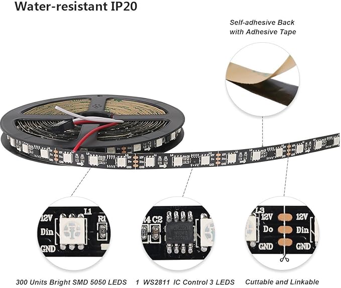 WS2811 LED Strip 16.4ft 5M 300LEDs WS2811 5050 RGB SMD Digital Dream Color Addressable Flexible LED Strip Light IP30 Non-Waterproof DC12V with Mini Controller