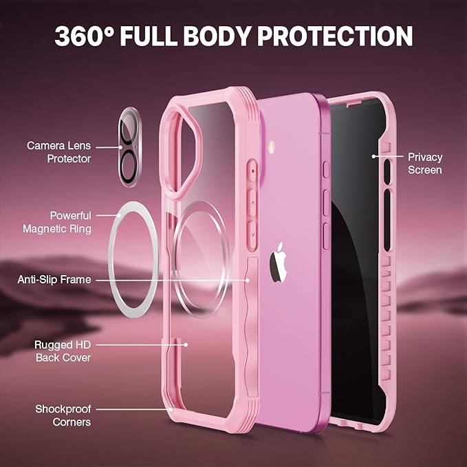 CENHUFO Magnetic Privacy for iPhone 16 Plus Case [Compatible with Magsafe] Full Body Phone Case Built-in 9H Tempered Glass Privacy Screen Protector and Camera Lens Cover, Shockproof Bumper - Pink