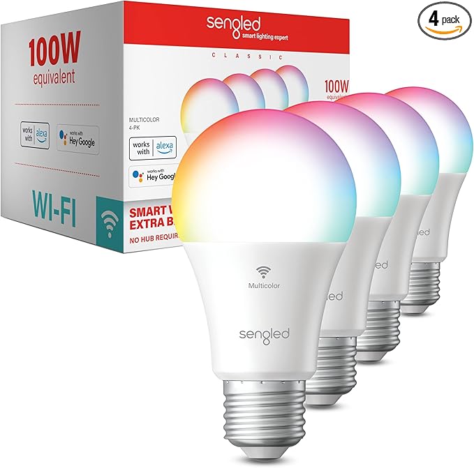 Sengled Smart Bulb, 100W Equivalent WiFi Color Changing Light Bulb, 1500LM Extra Bright Smart Light Bulb That Work with Alexa Google, Dimmable A19 Multicolor Alexa Bulb,CRI>90, No Hub Required, 4-Pack