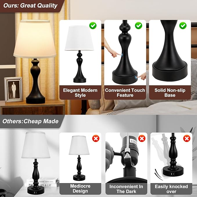 Seealle Touch Lamps for Nightstand - Bedside Lamps Set of 2, 3 Way Dimmable, USB C+A for Bedroom & End Tables (White&Black)
