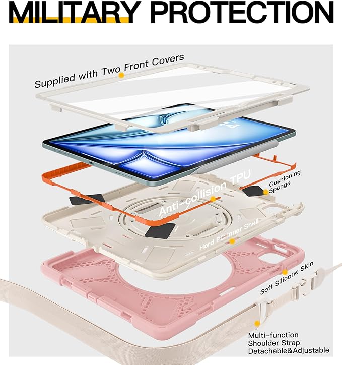BRAECN Case for iPad Air 13 Inch 2026(M4)/2025(M3)/2024(M2) & iPad Pro 12.9''(2022/2021/2020/2018), Full-Body Protection Screen Protector Pencil Holder 360° Rotating Handle Kicktand Kids Friendly