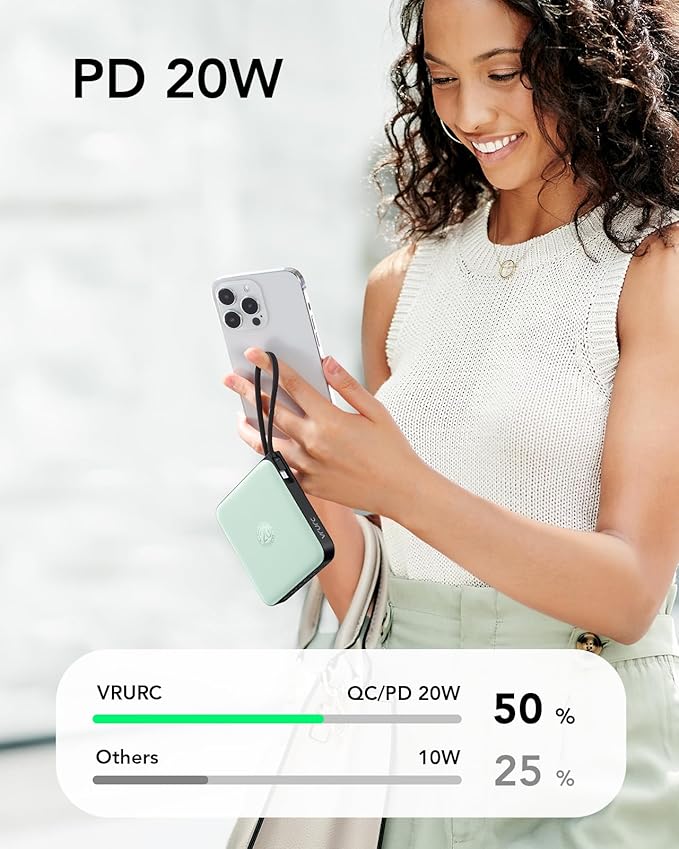 VRURC Portable Charger with Built-in Cable, 10000mAh 22.5W Fast Charging USB C Battery Pack, Cell Phone Power Bank for iPhone 17 16 15 Series Android Tablet (Green)