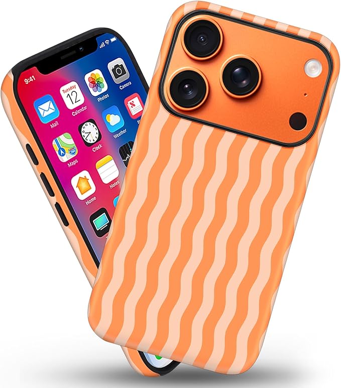 Magnetic for iPhone 17 Pro Max Case Cute Wavy Stripes Phone Case, Shockproof Slim TPU and Hard PC Protective Phone Cover Compatible with MagSafe Designed for Women Girls, Orange