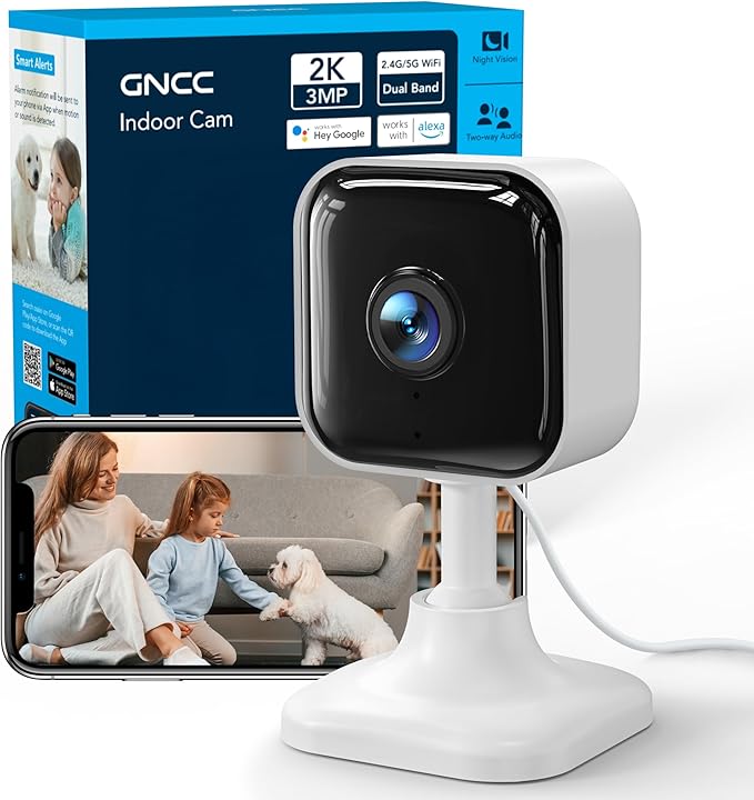 GNCC 2K Indoor Security Camera for Home, Pet Camera with Dual-Band WiFi, Mini Dog Cam with Phone App, Motion Detection, Works w/Alexa, Cloud & SD Card Storage, Fixed View, Plug-in, GC4