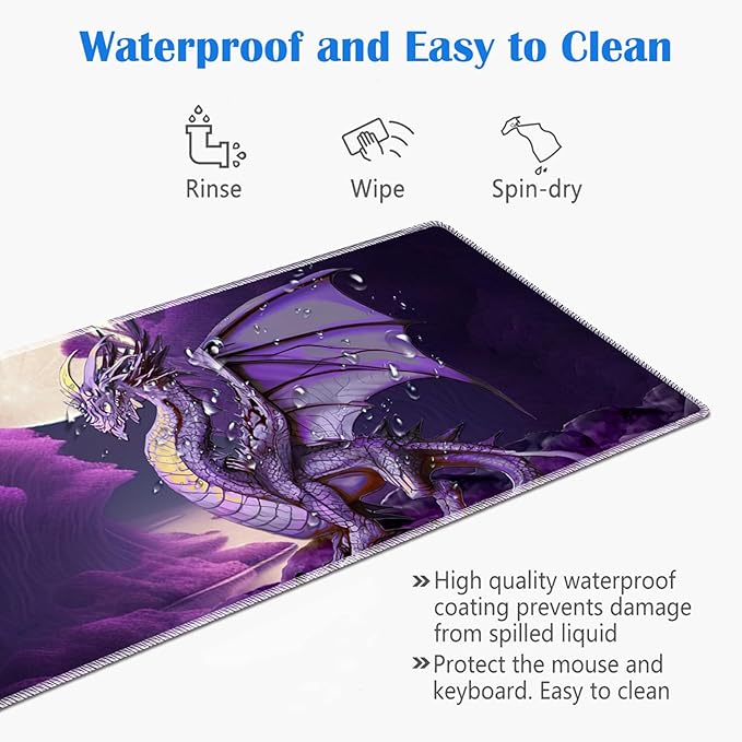 Large Gaming Mouse Pad Plus a Coasters + Cable Clips, Purple Dragon Extended Mousepad (31.5 x 11.8) with Stitched Edge, Foldable Computer Keyboard Desktop Mouse Mat for Home Office