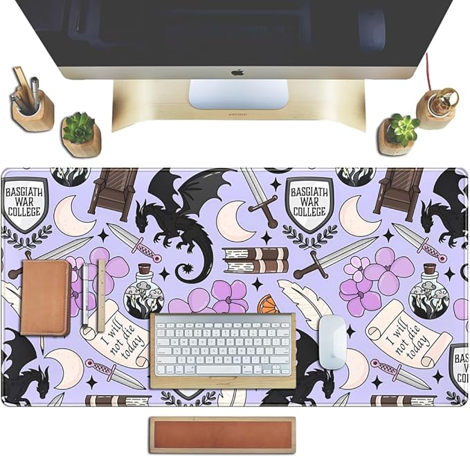 Cute Desk Pad Kawaii Black Loong Mouse Pad Purple Magic Desk Keyboard Pad, Large Gaming Mouse Pad for Desk Decor Computer Desk Home Office Decor for Girl with Stitched Eges Protector Mat 31.5x15.7 in