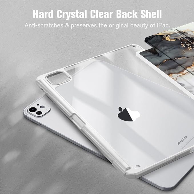 Fintie Hybrid Slim Case for iPad Pro 11-inch (M5) 2025 / (M4) 2024 - [Built-in Pencil Holder] Shockproof Protective Cover with Clear Transparent Back Shell, Cloudy Marble