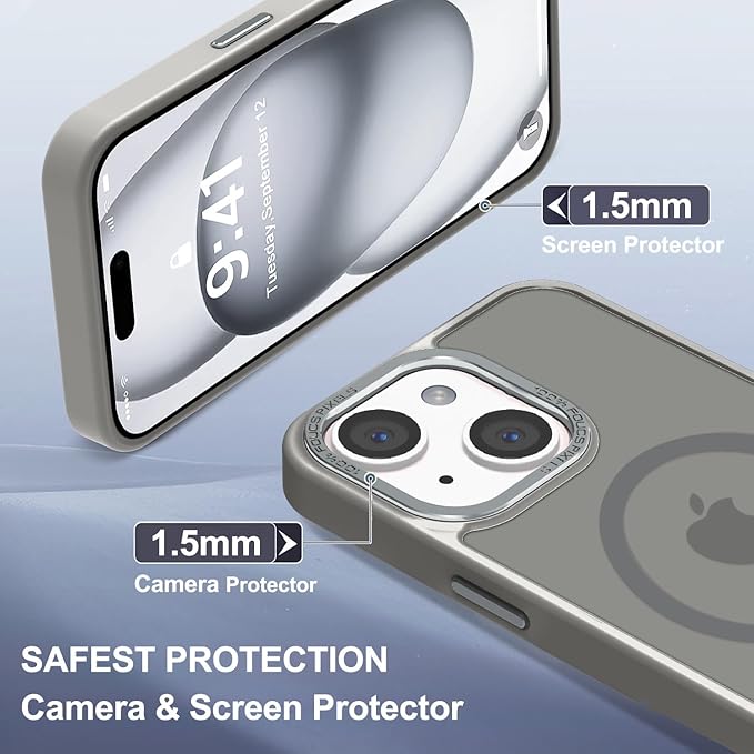Newfuture Magnetic for iPhone 15 Case [Compatible with Magsafe] [Military Grade Drop Protection] Translucent Matte Anti-Fingerprint Shockproof Phone Case for iPhone 15 6.1 inch, Titanium Gray
