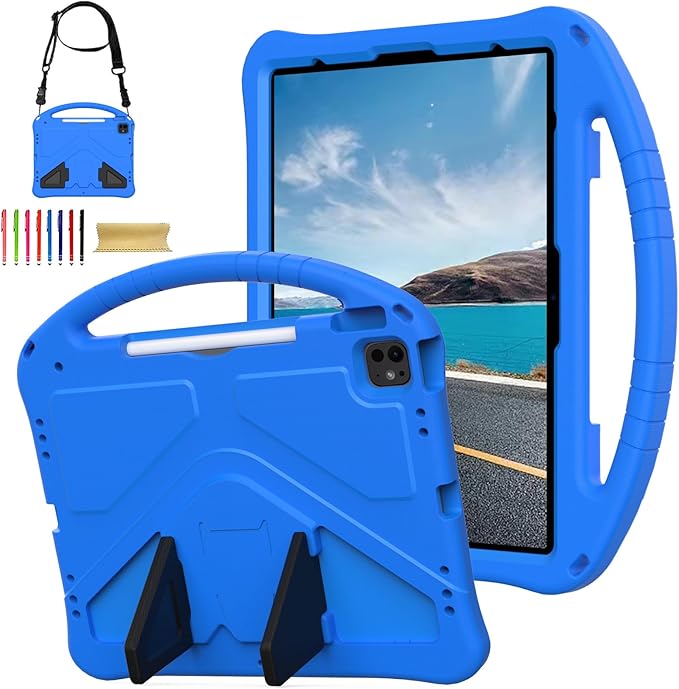 Kids Friendly Case for Apple iPad Air 11 M4 M3 M2 2026 2025 2024/ iPad Pro 11 M5 M4 2025 2024, EVA Durable Shockproof Handle Kickstand Lightweight Cover Case with Shoulder Strap, Blue