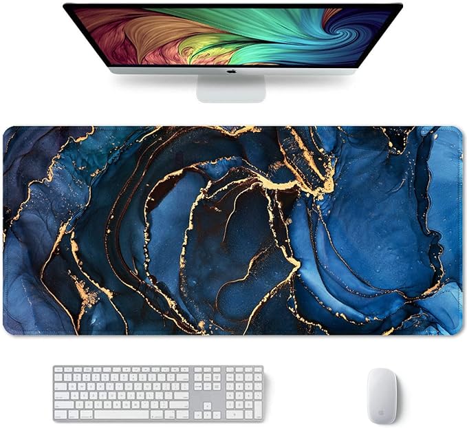 Auhoahsil Large Mouse Pad, XXL Desk Pad, Extened 35" x 15", Non-Slip Rubber Base, Stitched Edges, Superior Surface, Waterproof Keyboard Mat, Large Mousepad for Gamer, Office & Home, Dark Blue Marble