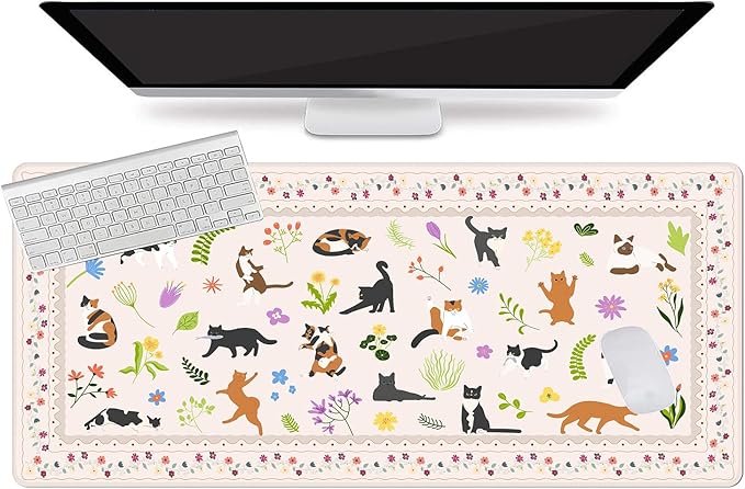 L-SPOUTTO Cute Cat Desk Mat for Keyboard and Mouse,XXL Large Mouse Pad Non-Slip Keyboard Pad Waterproof Desktop Mat for Laptop Computer Work Game Home Office-Cats