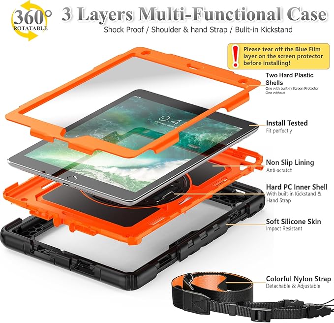 SEYMAC stock Case for iPad 6th / 5th Generation Case/Air 2 / Pro 9.7 inch, Heavy Duty Protective with Screen Protector, with Pencil Holder, Hand Strap, Shoulder Strap, 360 Rotate Stand, Orange+Black