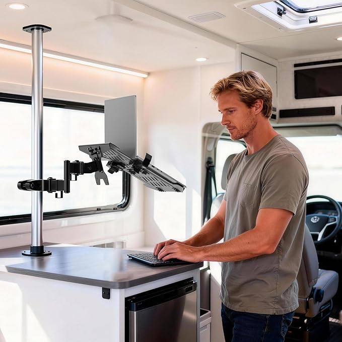 WALI Laptop Pole Mount, Adjustable Laptop Arm Holder Fits 10"-15.6" Laptops, 2-in-1 Full Motion Monitor Mount with Removable Tray, VESA 75x75 or 100x100 mm, Holds up to 15.4lbs(011ARMLPN), Black