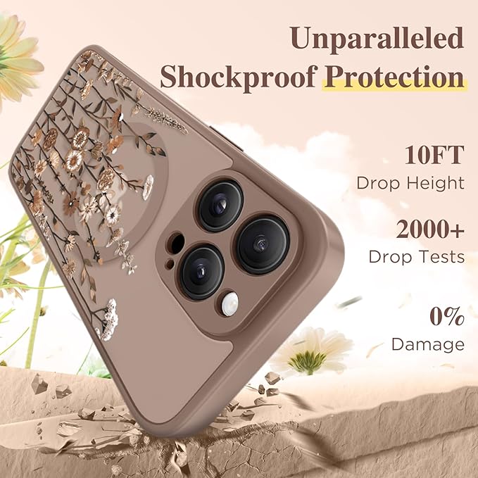 GVIEWIN for iPhone 15 Pro Case Compatible with MagSafe, [Military Grade Protection] [Screen Protector] Full Camera Protection Floral Translucent Women Magnetic Phone Case, Floratopia/Brown