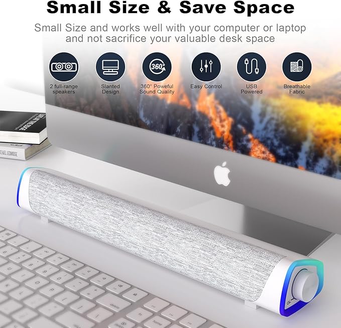 SOULION R30 Computer Speakers, USB Powered 3.5mm AUX Small PC Speaker, Colorful LED Lights with Switch Button, Surround Sound Bar Speaker for Desktop Laptop White