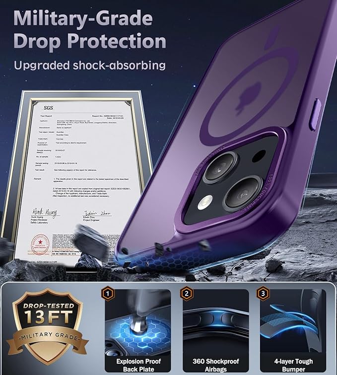 Newfuture Designed for iPhone 13 Case & iPhone 14 Case with Magnetic [13 FT Military Drop Protection] [Compatible with Magsafe] Translucent Shockproof with Anti-Fingerprint Phone Case, Deep Purple