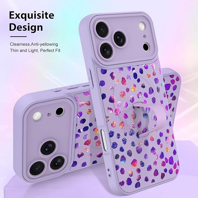 KANGHAR Compatible with iPhone 17 Pro Case, Support for MagSafe, Silicone Cute Iridescent Pattern Leopard Print Cheetah, Wristband Kickstand Shockproof Soft Slim Cover for Girls Women, Purple