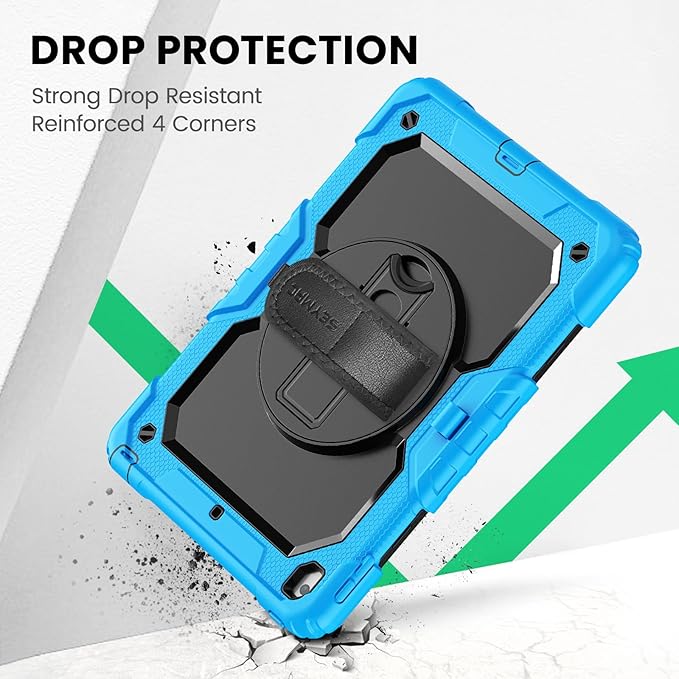 SEYMAC Kids Case for iPad 9th/ 8th/ 7th Generation 10.2" 2021-2019, Heavy Duty Protective Shockproof Case with Screen Protector, Rotating Stand/Handle/Shoulder Strap for iPad 10.2, Light Blue