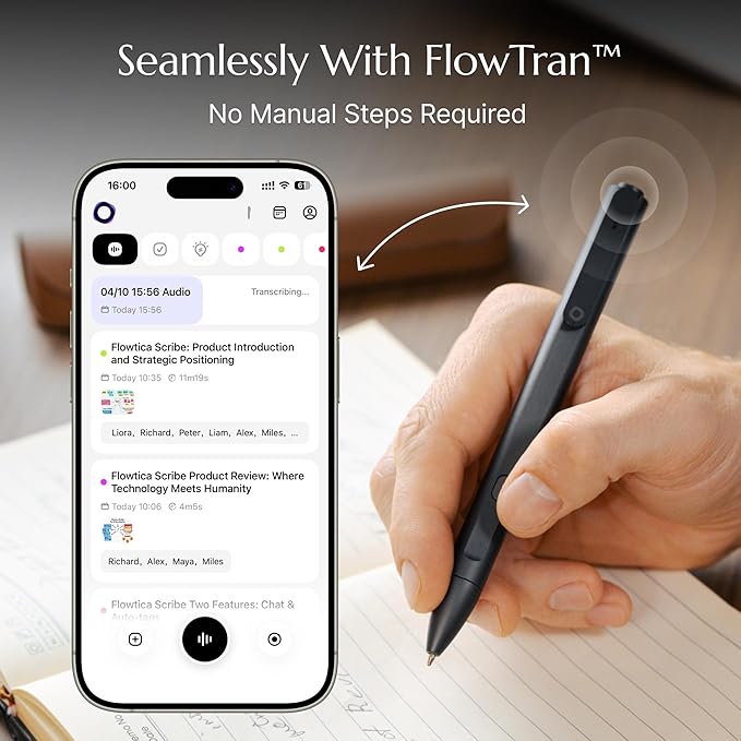 Flowtica Scribe AI Voice Recorder, App Control, Transcribe & Summarize, One-Press Highlight, HiFi Audio, Background Auto-Sync, Note Taker for Meetings & Lectures, Ultra-Slim, Charging Case Included