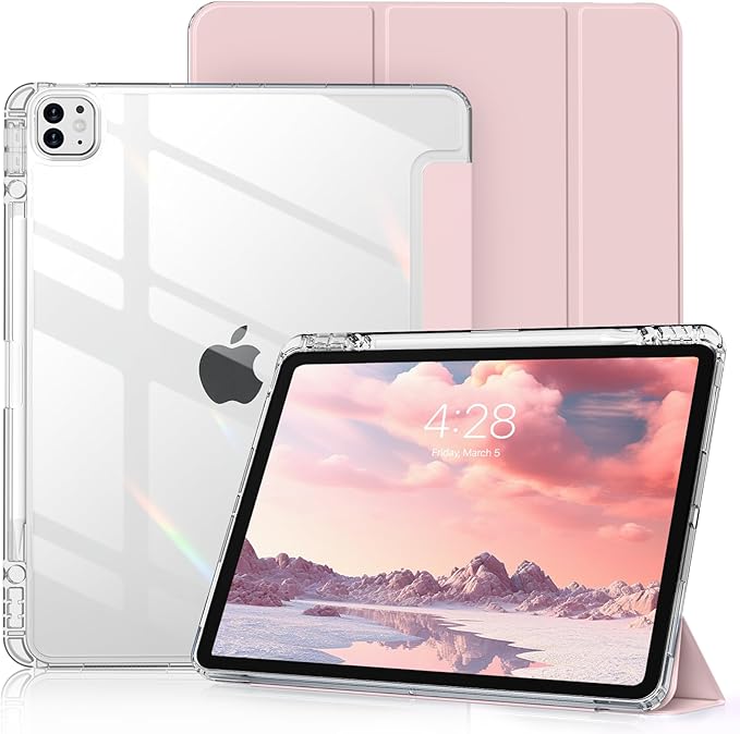 Clear Case for iPad Pro 12.9 inch 6th/5th/4th/3rd Gen with Pencil Holder [Support Pencil Charging] Auto Wake/Sleep, Lightweight Shockproof Trifold Stand Transparent Hard PC Back Cover, Pink-2