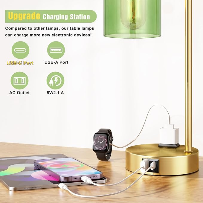 Innqoo Industrial Green Table Lamps for Bedrooms Set of 2-3-Way Dimmable Desk Lamp with USB C+A Ports and Outlet, Gold Lamps with Green Glass Shade for Living Room