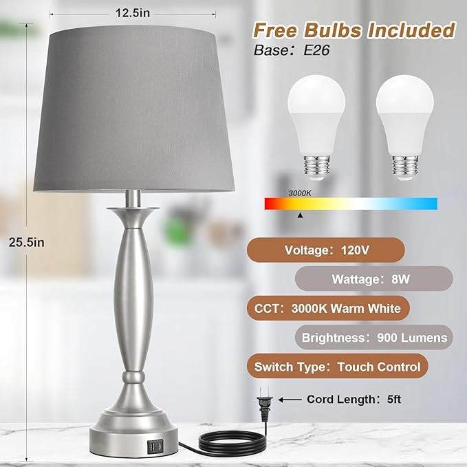 Seealle 25.5" Touch Bedside Lamps for Nightstand Set of 2 - Bedroom Lamps with USB C+A, 3 Way Dimmable Nightstand Lamps, Brushed Nickel Table Lamps for Living Room (Bulbs Included)