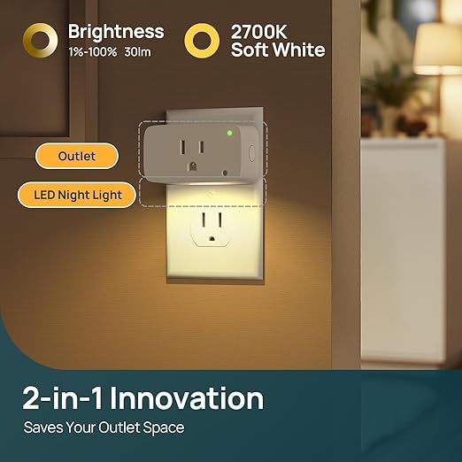 Linkind Matter Smart Plug 4 Pack, Night Lights Plug into Wall, Work with Alexa, Apple Home, Google, Timer Outlet 15A/1800W, ETL Certified, 2.4G WiFi, Dusk to Dawn 2700K, for Hallway, Bathroom, Kids