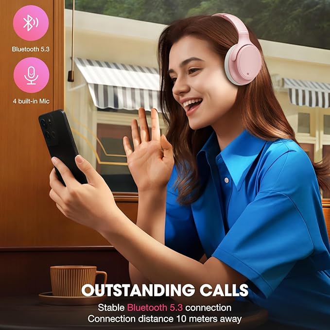 INFURTURE H1 Plus Doubly Fed Hybrid Active Noise Cancelling Headphones with EQ Mode，Wireless Over Ear Bluetooth Headphones with 4 Microphone, 90H Playtime,Lightweight for Home Travel Office(Pink)