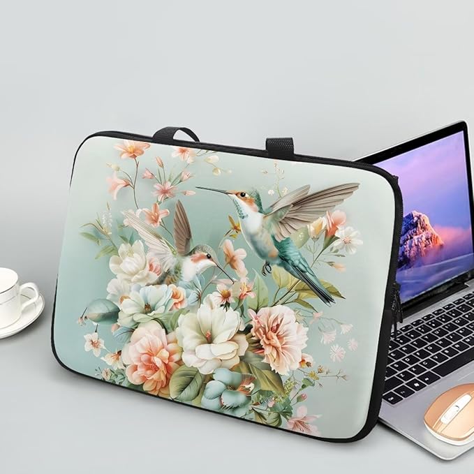 Hummingbird 13 Inch Laptop Sleeve for Women Protective Case Cover Compatible with 10-17 inch Chromebook, Notebook, Briefcase, Spring Floral Waterproof Computer Cases Bag with Handle