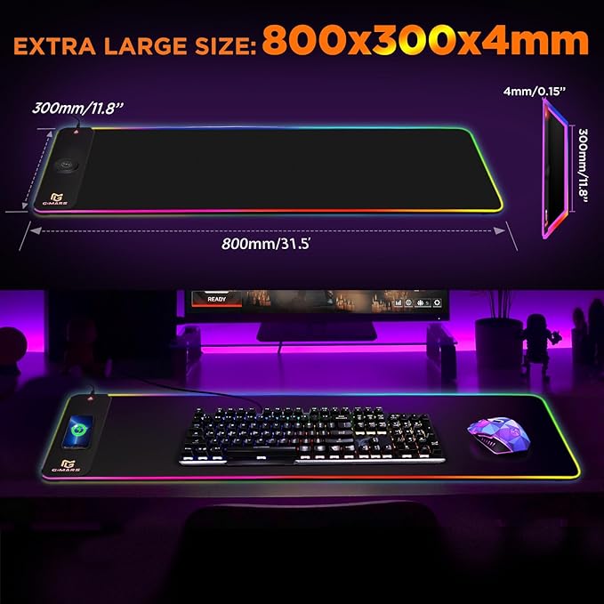 Gimars RGB Gaming Mouse Pad,15W Wireless Charging Mousepad with 10 Light Modes, Large Mousepad with Premium Smooth Surface, Non-Slip Mouse Mat for Gaming, Desk, PC,Office, 31.5x11.8x0.16inch