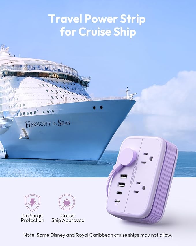 NTONPOWER Purple Travel Power Strip, 6 Outlets 4 USB Ports(2 USB C), 4ft Purple Extension Cord Wrapped Around Small Power Strip, Compact for Travel, Hotel, Cruise Approved