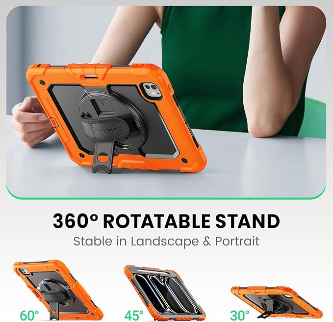 SEYMAC for iPad Pro 11 Inch Case M5 2025 / M4 2024, Heavy Duty Shockproof Protective Case with Screen Protector, 360° Rotating Stand, Hand/Shoulder Strap and Pen Holder, Orange