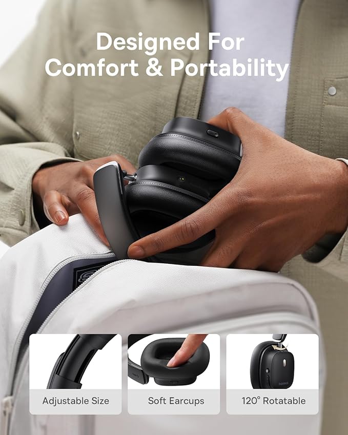Baseus Bowie 30 Max Active Noise Cancelling Headphones, Head Tracking Spatial Audio, LDAC Hi-Res Wireless Sound, 65H Playtime, Comfort Fit, Clear Calls, App Control, Bluetooth 5.4 Headphones Over Ear