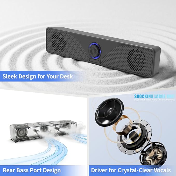 Computer Speakers for Desktop Monitor, USB Powered Wired PC Soundbar with 3.5mm AUX, Plug & Play Speaker Bar with Volume Knob, Clear Sound for Laptop, PC, Home and Office, Black