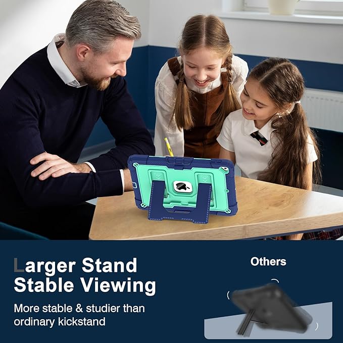 Kids Friendly Case for Apple iPad 10.2" 9th 8th 7th Generation 2021/2020/2019 Case with Pencil Holder & Shoulder Strap, Military Grade Shockproof Kickstand Hard Shell Protective Cover,Blue+Mint