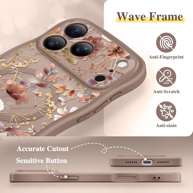 GVIEWIN for iPhone 17 Pro Case Compatible with MagSafe [Curly Wave Edge][Full Camera Protection] Floral Translucent Shockproof Magnetic Women Phone Case for iPhone 17 Pro 6.3'', Corn Poppy/Brown
