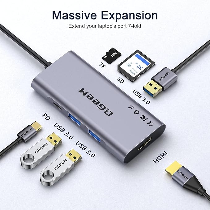 USB C Hub, QGeeM USB 4k to HDMI Adapter, 7 in 1 USB-C Dongle with 100W PD,USB 3.0, Card Reader, Compatible for MacBook iPhone 15/17 Ipad Pro max,Chromebook Laptop USB Type C Dock-Grey